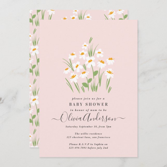 Convite Chá de fraldas elegante floral azul margarida (Frente/Verso)