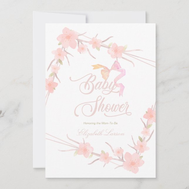 Convite Chá de fraldas Elegante Floral Cor de Água Rosa (Frente)