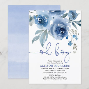 Convite Chá de fraldas elegante floral do menino dos azui