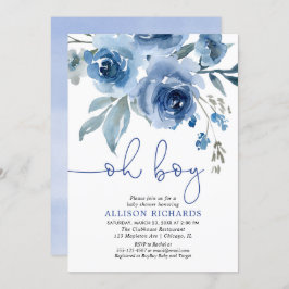 Convite Chá de fraldas elegante floral do menino dos azuis