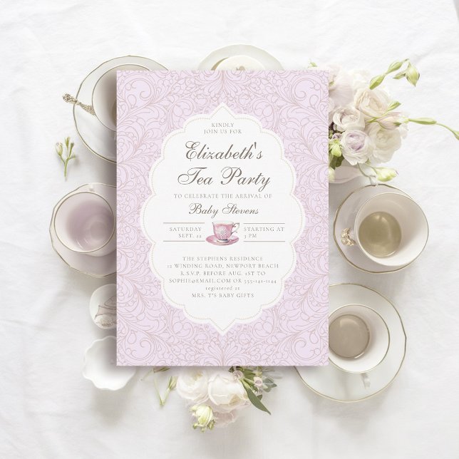 Convite Chá de fraldas Elegante Lace Roxo do Tea Party (girl baby tea party shower invitation elegant frame modern classic lace purple pink brewing)