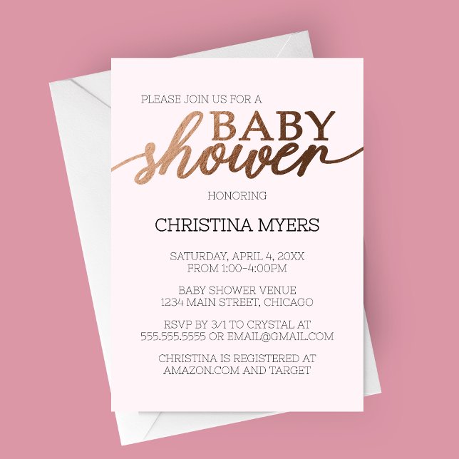 Convite Chá de fraldas Elegante Mínimo de Bronze e Rosa (Elegant Minimalist Bronze and Light Pink Baby Shower Invitation)