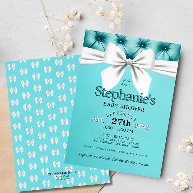 Convite Chá de fraldas Elegante moderno de Aqua Blue Tiffa (elegant teal blue tiffany theme baby shower invitation with chic white bow and tufted satin graphics)