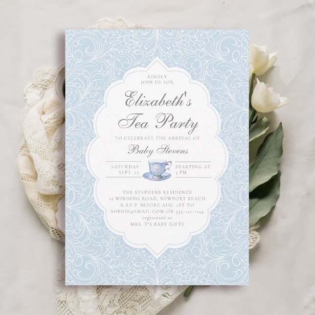 Convite Chá de fraldas Elegante Moderno Lace Blue Boy do T (boy baby tea party shower invitation elegant frame modern classic lace blue brewing)