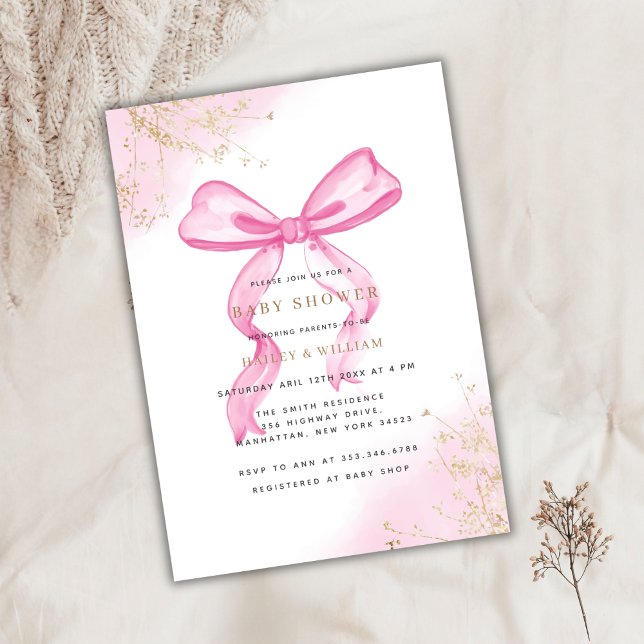Convite Chá de fraldas Elegante rosa (Pink Elegant Bow Baby Shower Invitation)
