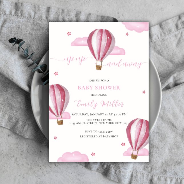 Convite Chá de fraldas Elegante Rosa de Balão de Ar Quente (Pink Elegant Hot Air Balloon Girl Baby Shower Invitation)