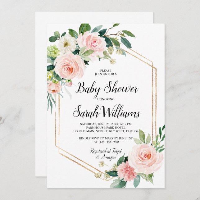 Convite Chá de fraldas Elegante Rosa Rosa Rosa Rosa Esbran (Frente/Verso)