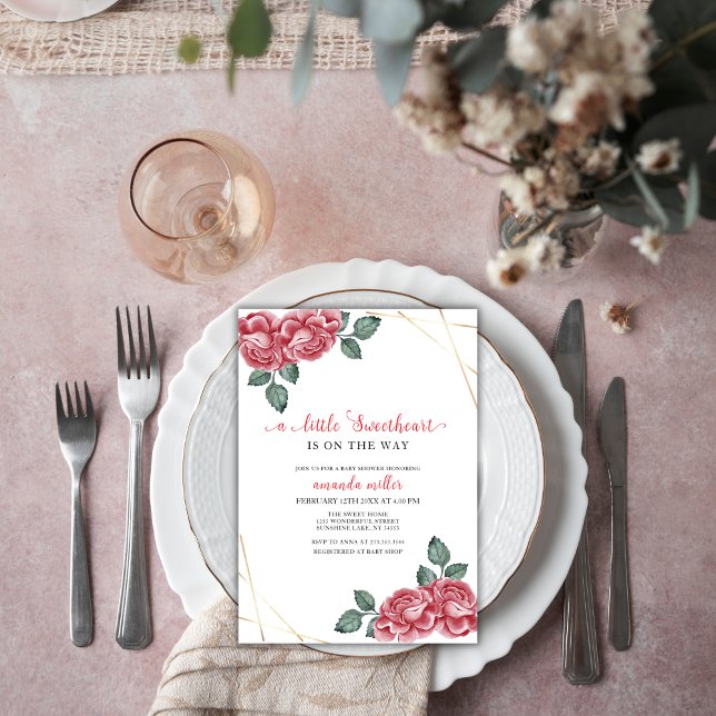 Convite Chá de fraldas elegante Rosa Sweetheart Namorados (Elegant Rose Sweetheart Valentine Baby Shower Invitation)