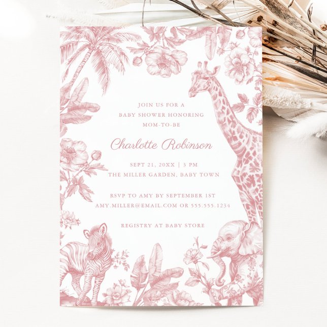 Convite Chá de fraldas Elegante Safari Garota Rosa (Pink Girl Toile Safari Elegant Baby Shower Invitation)
