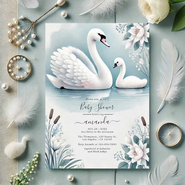 Convite Chá de fraldas Elegante Swan e Cygnet (Elegant Swan and Cygnet Baby Shower Invitation)
