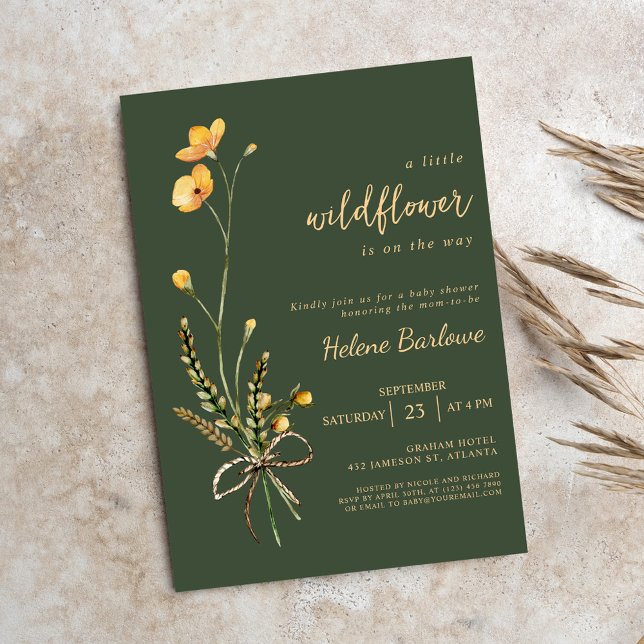Convite Chá de fraldas Elegante Verde da Aquarela de Flore (Wildflower Watercolor Green Elegant Baby Shower Invitation)