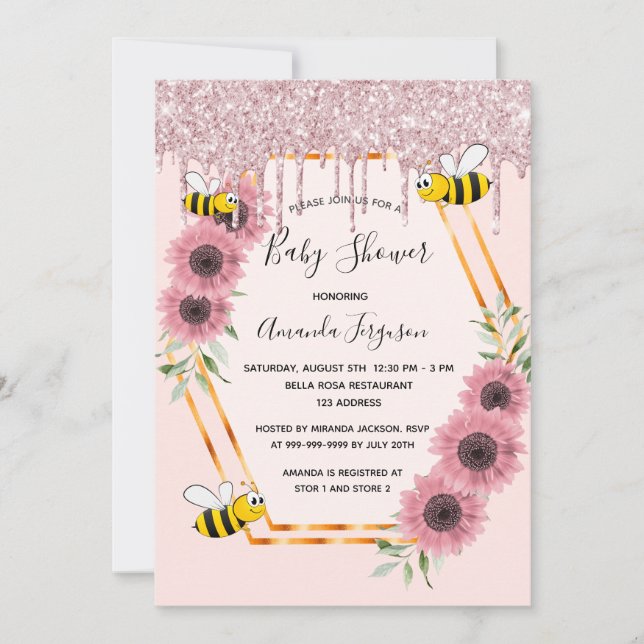 Convite Chá de fraldas empoeirado, mãe com brilho rosa par (Frente)