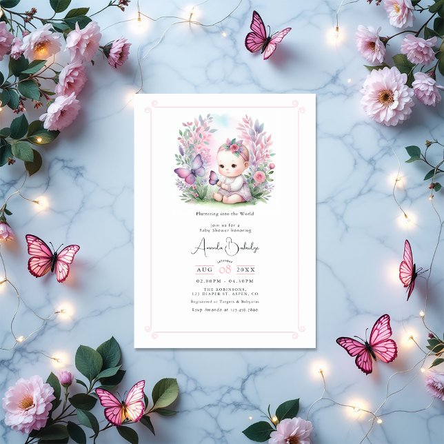 Convite Chá de fraldas Encantado de Flautter de Jardim (Enchanted Garden Flutter Love Baby Shower Invitation)