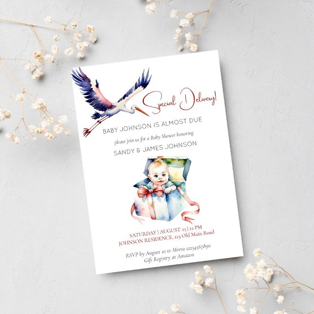 Convite Chá de fraldas engraçado de entrega especial (Special delivery stork funny cute baby shower template invitation instant download baby in a box)