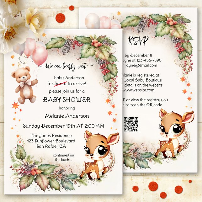 Convite Chá de fraldas Engraçado de Urso de Natal (Christmas baby shower invitation with cute bear and deer on watercolor leaves and berries - QR code)