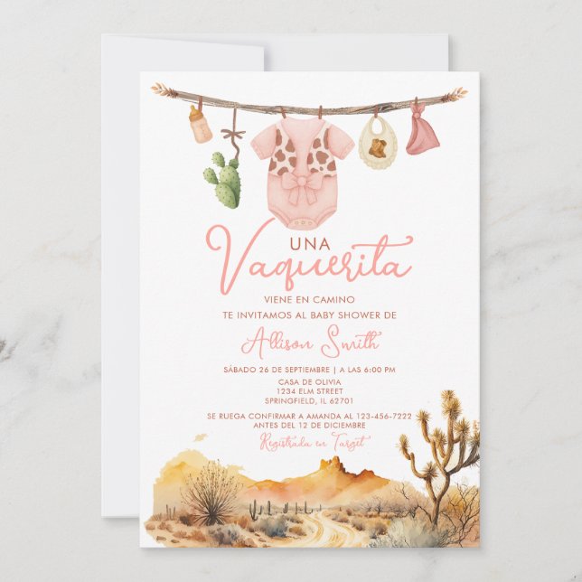 Convite Chá de fraldas espanhol Cactus Cowgirl Es Nina (Frente)