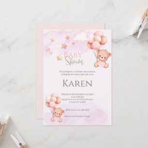 Convite Chá de fraldas Espanhol Convoca Garota Rosa Bear