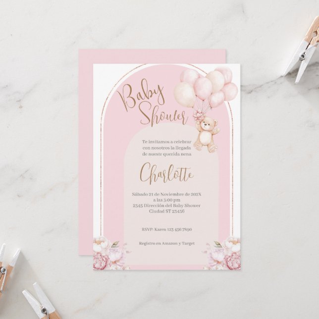 Convite Chá de fraldas Espanhol Convoca Garota Rosa Bear (Frente/Verso In Situ)