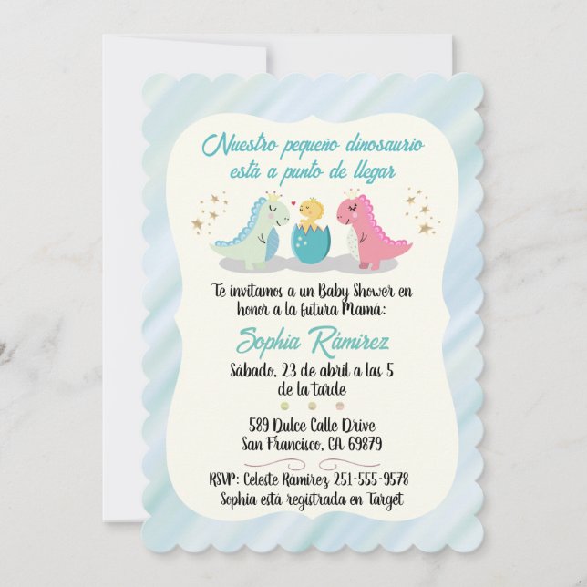 Convite Chá de fraldas Espanhol/Espanhol Dinossauros Aquar (Frente)