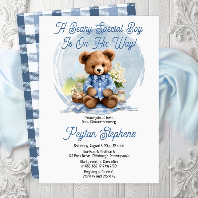 Convite Chá de fraldas Especial Beary Beary ("A Beary Special Boy Is On His Way!" Cute Teddy Bear Picnic Boy Baby Shower Invitation - Print | Dig)