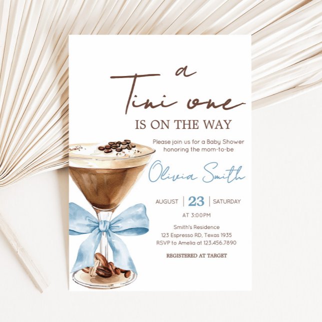 Convite Chá de fraldas Espresso Martini Arco azul (Blue Bow Tini One Espresso Martini Baby Shower Invitation)