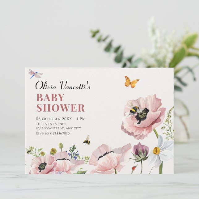 Convite Chá de fraldas estético floral de abelhas (Em pé/Frente)