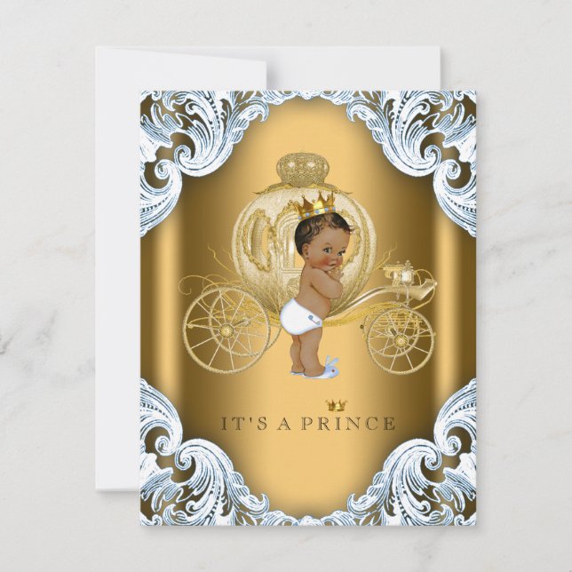 Convite Chá de fraldas Étnico Carruagem Azul e Dourado (Frente)