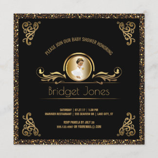 Convite Chá de fraldas étnico Dourado preto da princesa
