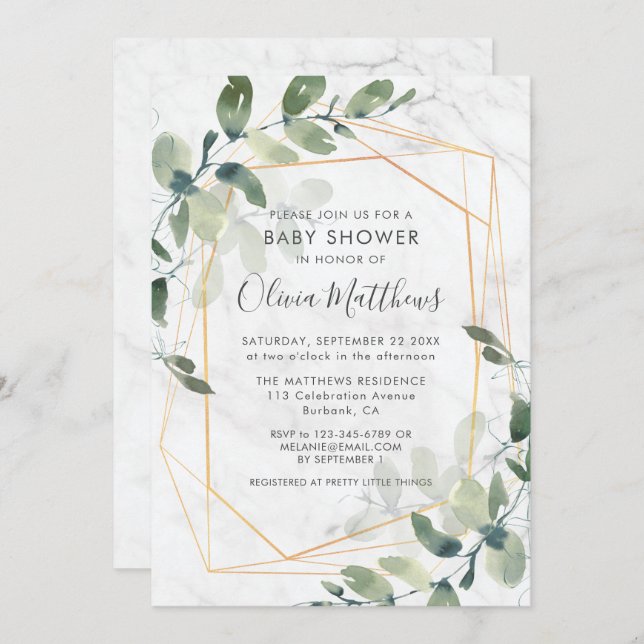 Convite Chá de fraldas Eucalipto Dourado Geométrico Marble (Frente/Verso)