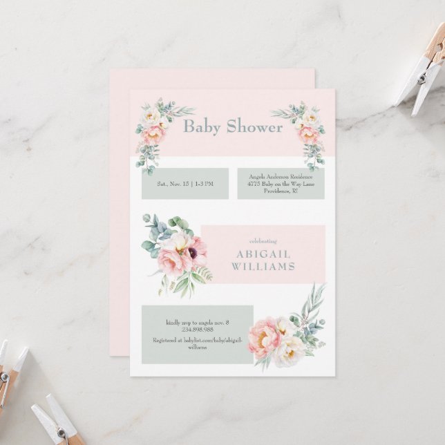 Convite Chá de fraldas Eucalipto Floral Blush (Frente/Verso In Situ)