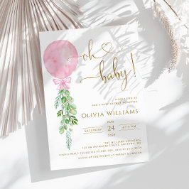 Convite Chá de fraldas Eucalyptus, Baby Pink Balloon