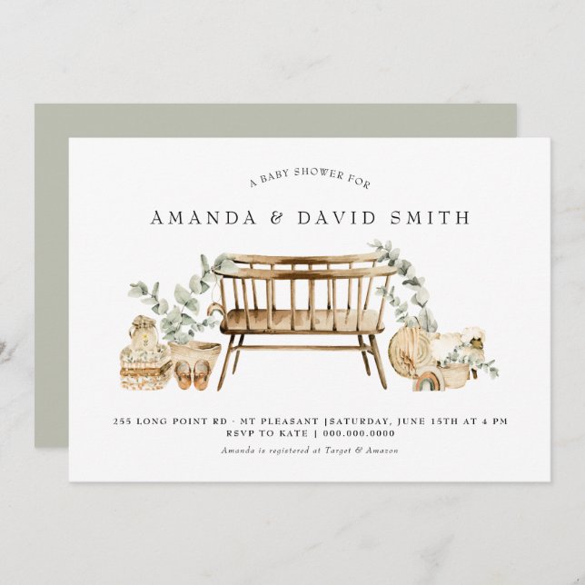 Convite Chá de fraldas Eucalyptus Bohemian Verde  (Frente/Verso)