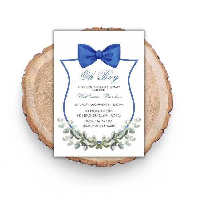 Convite Chá de fraldas Eucalyptus Crest Boy Arco Simples A (Blue Simple Bow Eucalyptus Crest Boy Baby Shower Invitation)