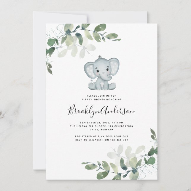 Convite Chá de fraldas Eucalyptus de Elefante Bonito (Frente)