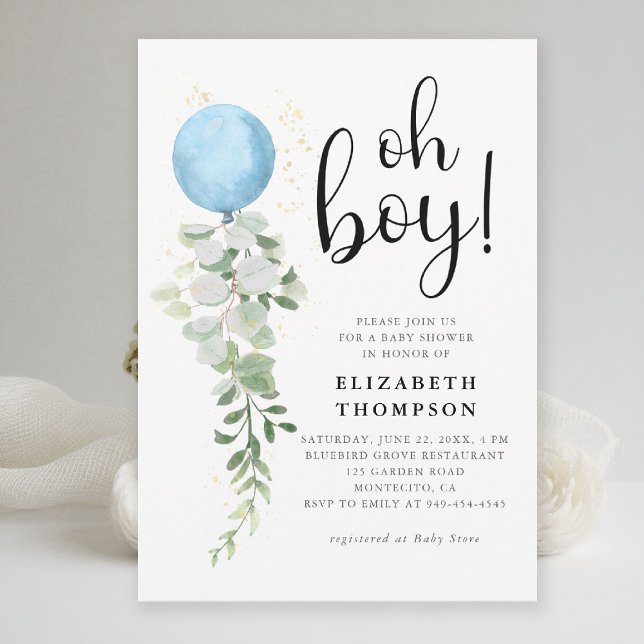 Convite Chá de fraldas Eucalyptus Elegante Oh Boy do Balão (oh boy baby shower invitation blue balloon eucalyptus greenery watercolor modern calligraphy elegant)