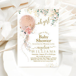 Convite Chá de fraldas Eucalyptus Floral de Balão Rosa