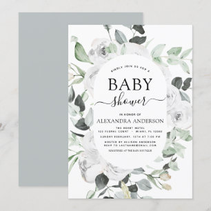 Convite chá de fraldas Eucalyptus Floral White Roses Gree