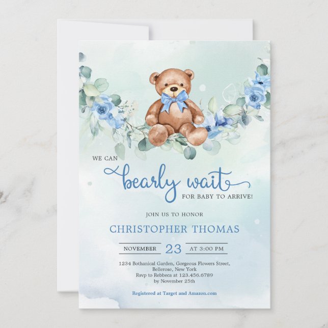 Convite Chá de fraldas Eucalyptus Wreath Bear (Frente)