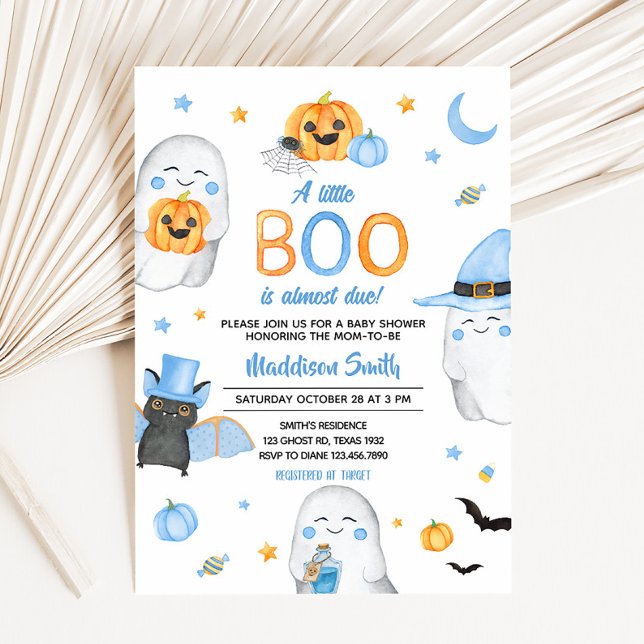 Convite Chá de fraldas Fantasma Blue Little Boo (A Little Boo Ghost Baby Shower Invitation)