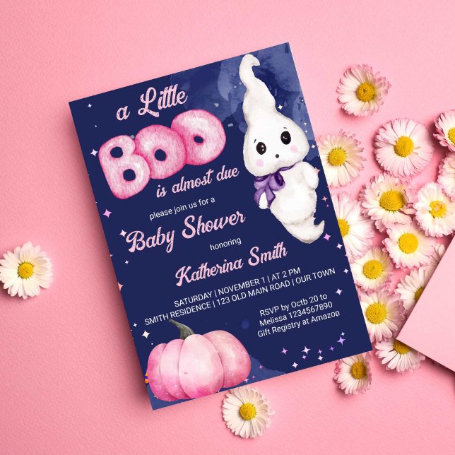 Convite Chá de fraldas fantasma da menina do Dia das Bruxa (Little boo baby girl Halloween themed baby shower cute baby ghost pink pumpkin navy blue starry )