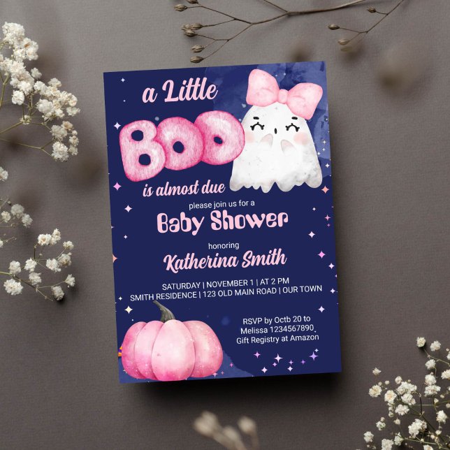 Convite Chá de fraldas fantasma da menina do Halloween I (Little boo baby girl ghost pink pumpkin Halloween baby shower invitation template instant download )