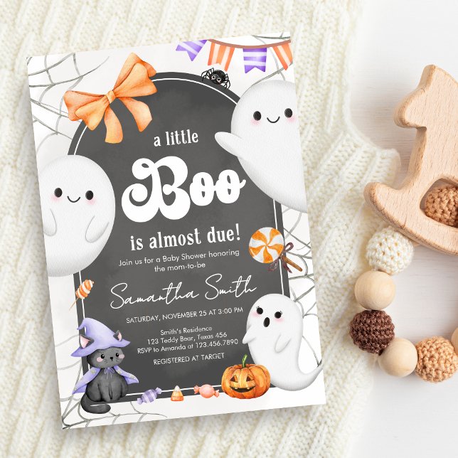 Convite Chá de fraldas Fantasma do Pequeno Boo Halloween (Halloween A Little Boo is Almost Due Ghost Baby Shower Invitation)