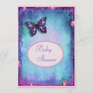 Convite Chá de fraldas Faux Glitter, Borboleta, Rosas, re