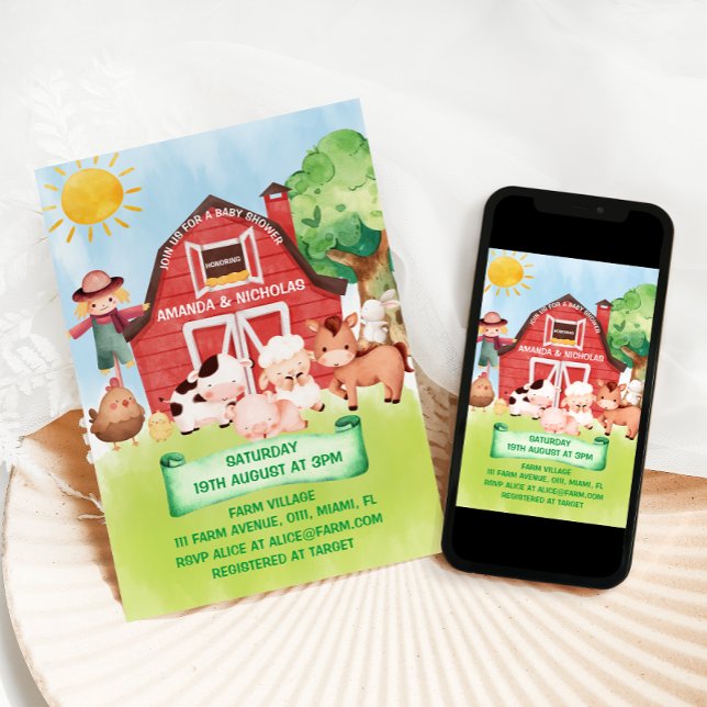 Convite Chá de fraldas-fazenda de animais-quintal (Criador carregado)