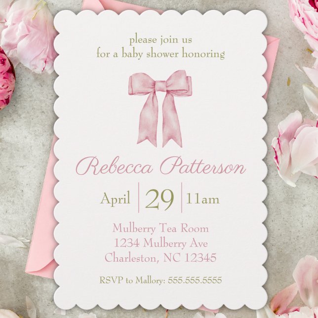 Convite Chá de fraldas Feminina de Arco de Aquarela Rosa C (coquette aesthetic baby shower invitation cute pink tea party bow girly feminine sweet invite for he)