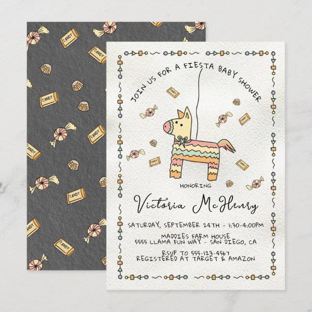 Convite Chá de fraldas Fiesta Mexicano Piñata desenhada (Frente/Verso)