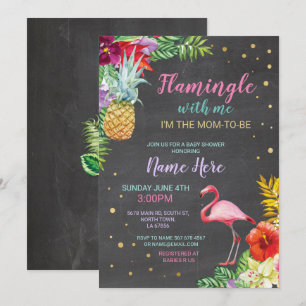 Convite Chá de fraldas Flamingo Chalk Luau Dourado Invite
