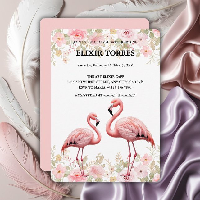Convite Chá de fraldas Flamingo, Elegante Floral, Rosa (Criador carregado)