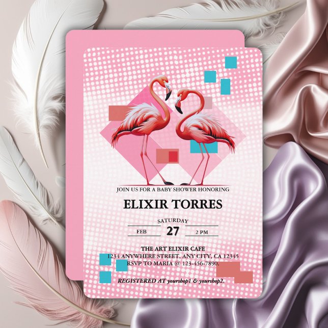 Convite Chá de fraldas Flamingo Moderno Geométrico (Criador carregado)