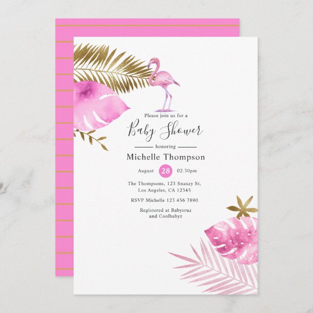 Convite Chá de fraldas Flamingo, rosa e Dourado (Frente/Verso)